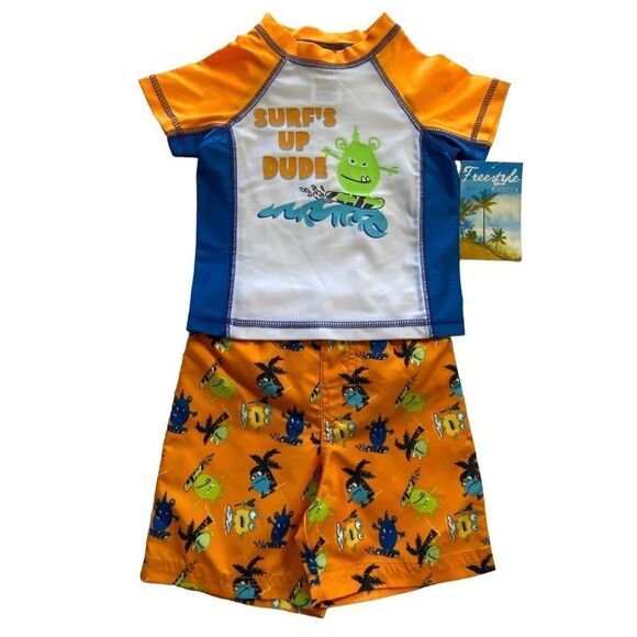 Freestyle Revolution 12M Boys' Monster Surfer Rash Guard Top and Shorts Set - Picture 1 of 9